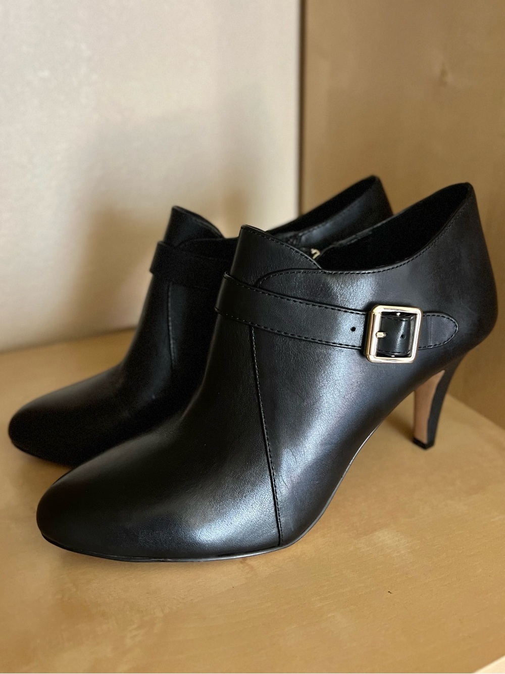 Vince Camuto Vonilesa Black Leather Ankle Stiletto Booties with Gold Buckle